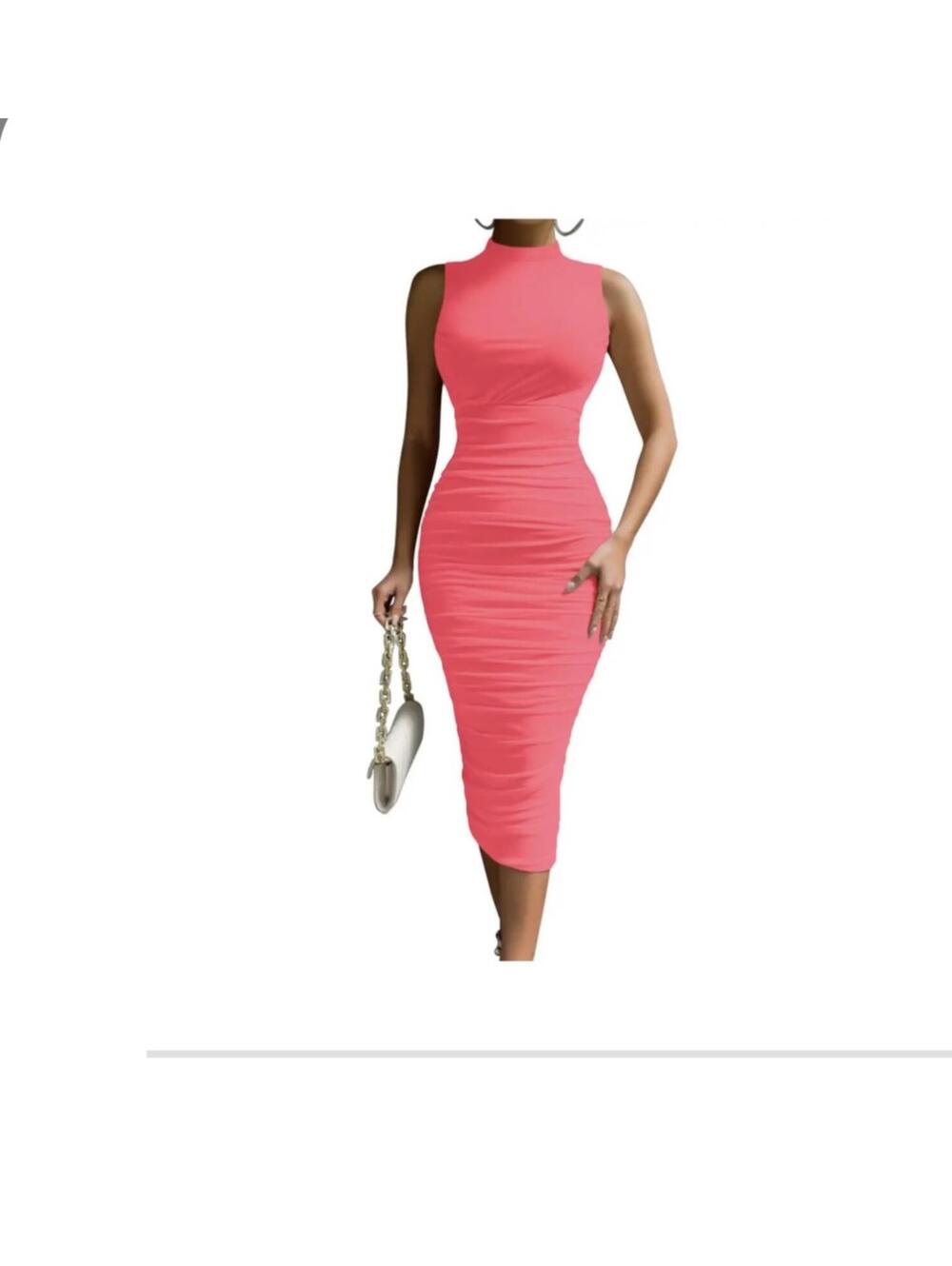 Viral OYS NeonPink Sleeveless Ruched Mesh Bodycon Midi Dress
